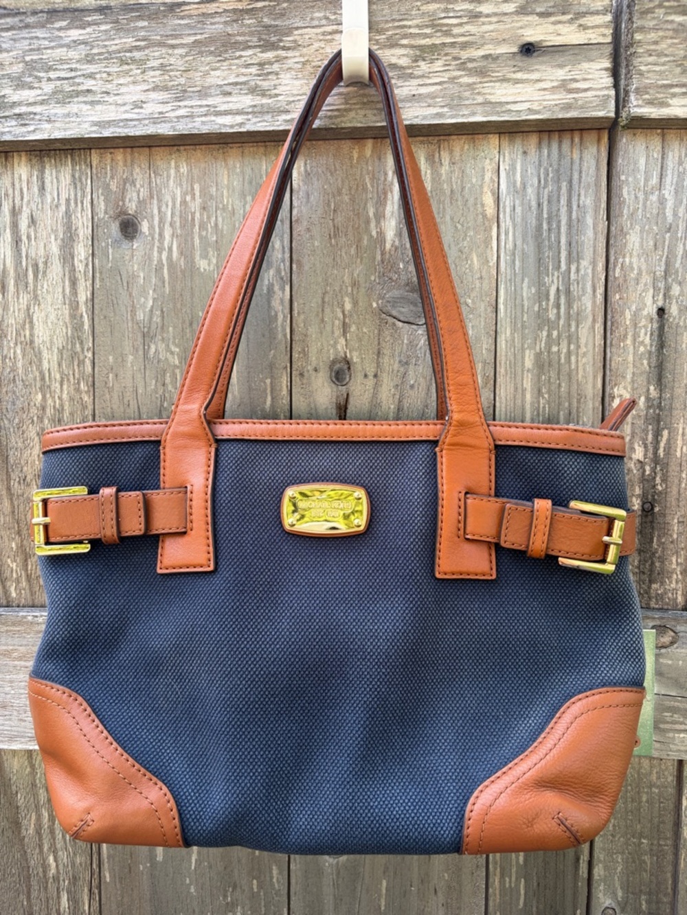 Michael Kors Tote Handbag in Navy and Tan with Gold Hardware